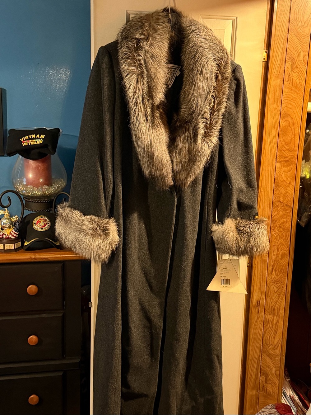 Marvin Richards Black Coat with Gray Fur Trim